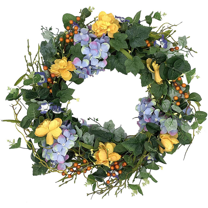 Red Co. 16" Purple Yellow Hydrangeas, Artificial Spring & Summer Wreath, Door Backdrop Ornaments, Home Décor Collection