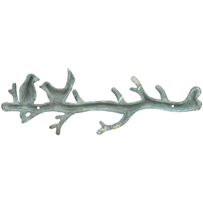 Red Co. Large Decorative Boho Style Verdigris Metal Wall Hanging Hook Rack for Coats, Hats, Keys, Towels, Clothes – Birds on Branch – 16.75 Inches