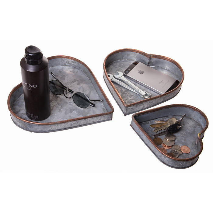 Red Co. Set of Decorative Nesting Galvanized Metal Heart Trays with Copper Rims in 3 Sizes, Distressed Grey/Rose Gold