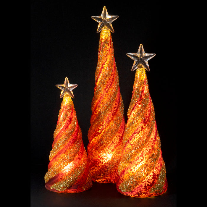 Red Co. Glass Christmas Tree Figurine Ornaments, Festive Gold and Red Light-Up Holiday Season Decor, 11-inch, 9.5-inch, 8-inch, Set of 3