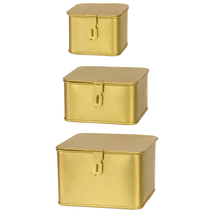 Red Co. Set of 3 Decorative Square Tub Metal Bucket Storage Boxes with Lids, Brass Finish