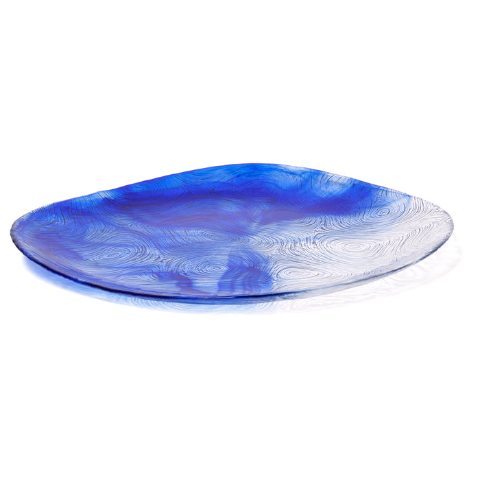 Red Co. White and Blue Etched Wavy Glass Irregular Shaped Dinner Plates, 10" Diameter - Set of 6