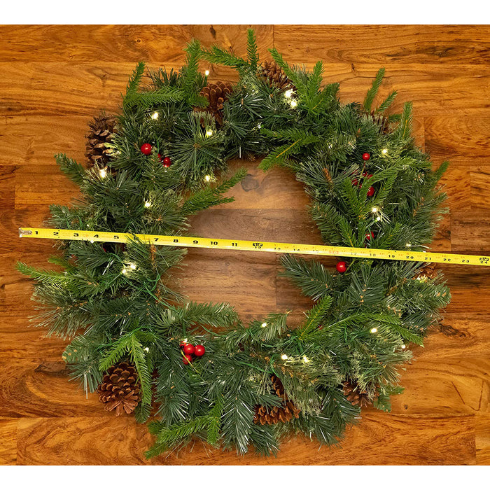 Red Co. Artificial Christmas Wreath with Pine & Red Cranberries, Festive Indoor Outdoor Wall Decoration, Battery Operated LED Lights with Timer - 24-inch