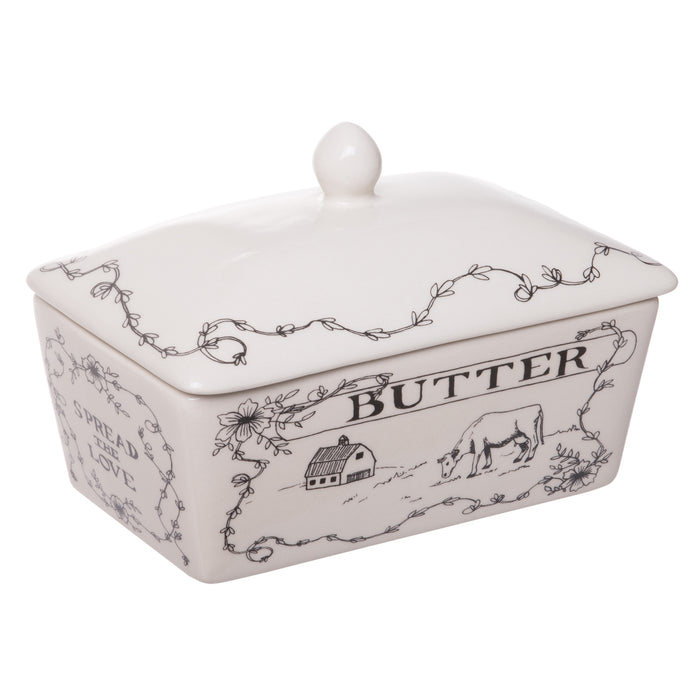 Red Co. Lovely Country Themed Stoneware Butter Dish with Lid, Off-White, 6-inch