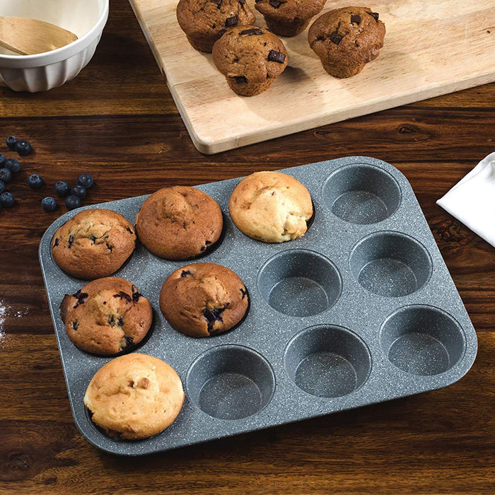 Premium Marble Collection Non-Stick Carbon Steel Muffin and Cupcake Baking Pan, 12-Cup