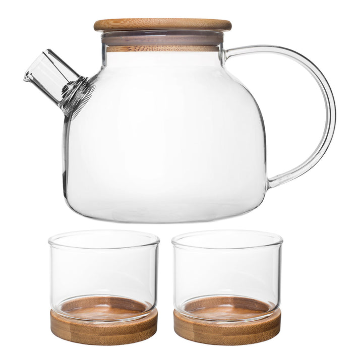 Bamboo Tea Set for 2 People – 33-Ounce Clear Glass Teapot/Kettle with Two 5-Ounce Cups