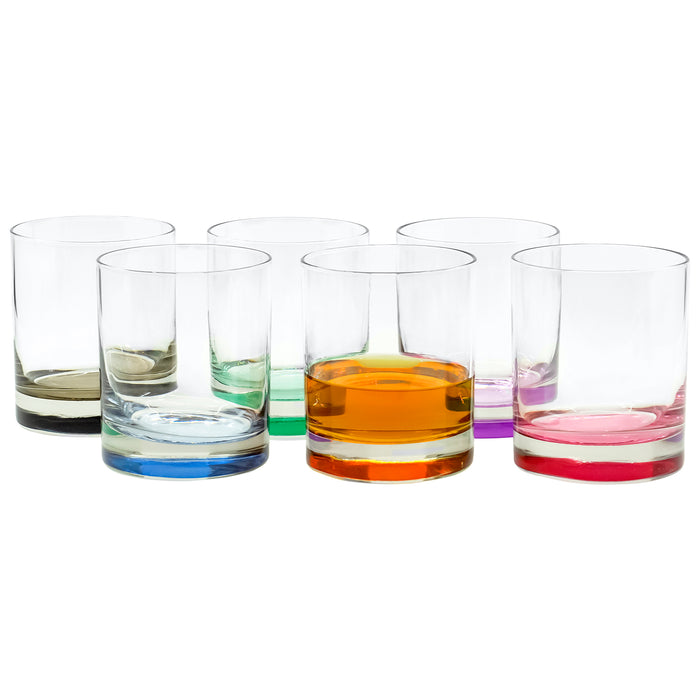 Old Fashioned Clear Multi Colored Base Drinking Glass for Water, Juice, Beer, Whiskey, and Cocktails, 10 Ounce - Set of 6