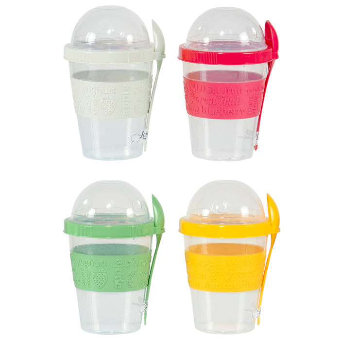 Red Co. Set of 4 Breakfast On the Go 20 Oz Reusable Yogurt Cups with Lid & Spoon – White, Pink, Green, Yellow