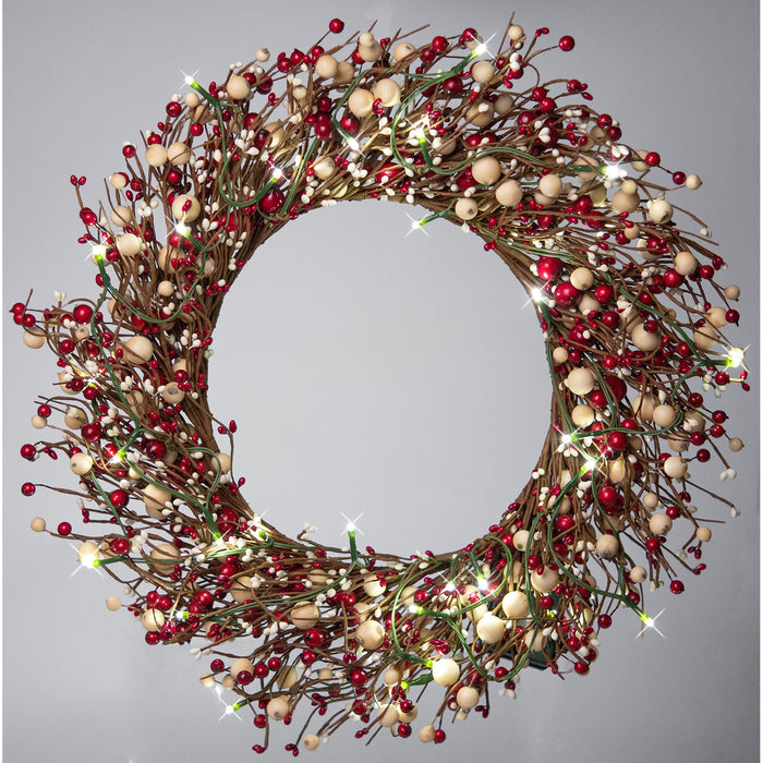 Red Co. Light-Up Christmas Wreath with Red & White Pip Berries and LED Lights, Solar Powered - 22 Inch