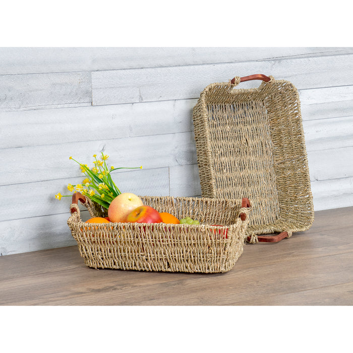 Red Co. Multi-Purpose Seagrass Basket Tray with Wooden Handle Set of 2, Storage Containers, Home Organizers