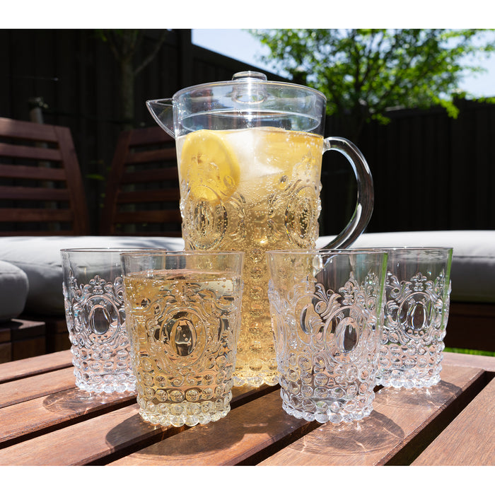 Break Resistant "Dew Drop" Clear Plastic Pitcher with Lid and 4 Tumbler Glasses Drinkware Set - Perfect for Iced Tea, Sangria, Lemonade (82 fl oz. pitcher - 14.5 fl oz. glasses)