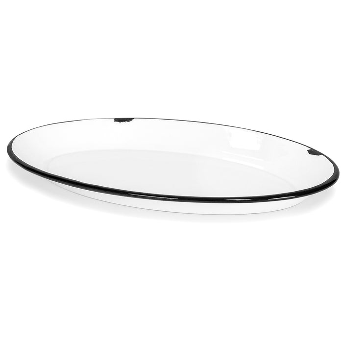 Red Co. Enamelware Metal Classic 13” Serving Oval Tray Platter, Distressed White/Black Rim