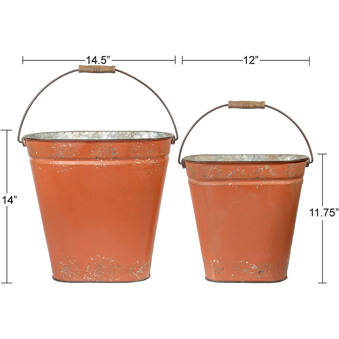 Red Co. Planter Pot, Distressed Metal with Single Handle, Tractor Orange (Set of 2)