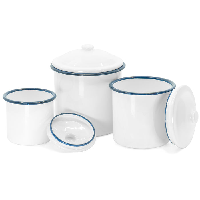 White Enamelware Mug Pots with Blue Rim & Lid - Set of 3 Nesting Cups, Perfect for Picnic, Camping, Outdoor Activity