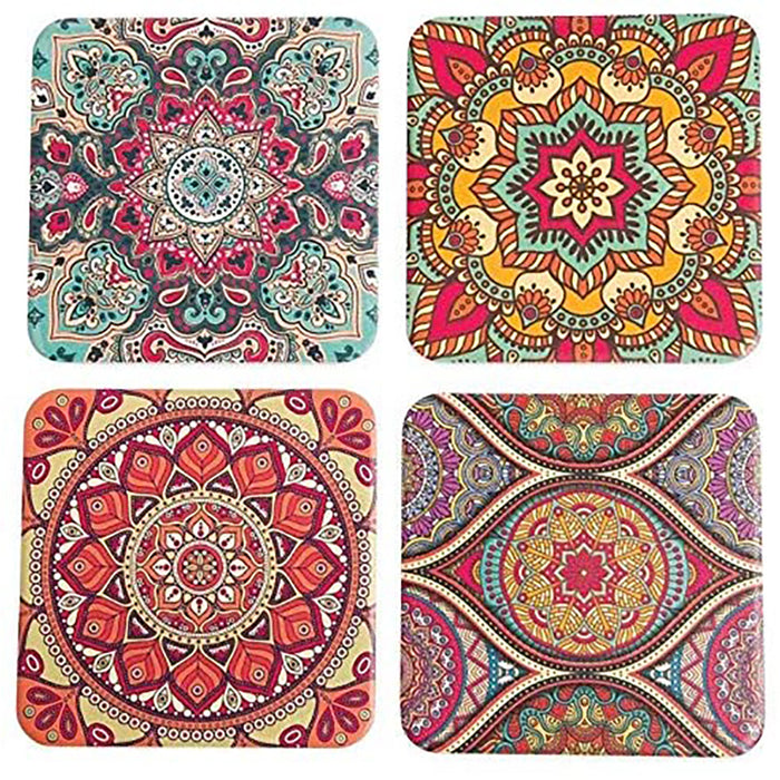 Mandala Artwork Ceramic Stone Drink Coaster, Square 3.75-Inch - Set of 4 - Decorative Kitchen And Coffee Table Accent