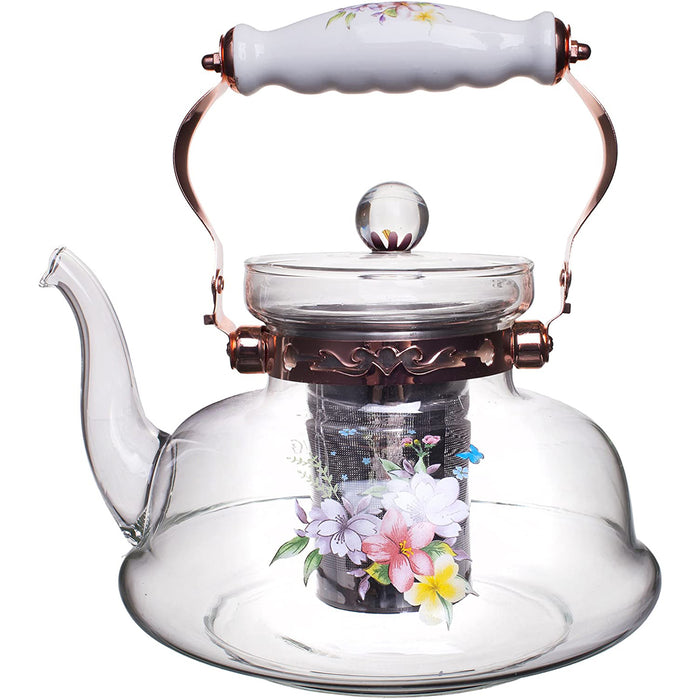 Pastel Flowers European Style Glass Stovetop Teapot with Stainless Steel Infuser