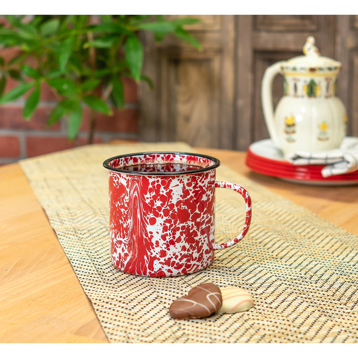 Red Co. Enamelware Metal Large Classic 22 Oz Round Coffee and Tea Mug with Handle, Red Marble/Black Rim – Splatter Design