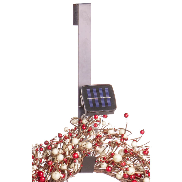 Red Co. Light-Up Christmas Wreath with Red & White Pip Berries and LED Lights, Solar Powered - 22 Inch