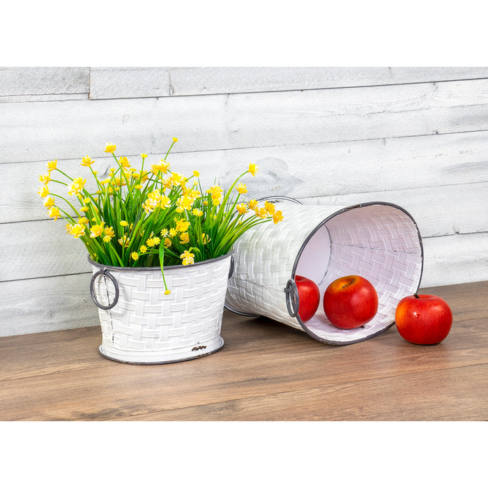 Red Co. Rustic Style Enameled Metal White Nesting Oval Basket Weave Storage Multi Purpose Buckets - Set of 2