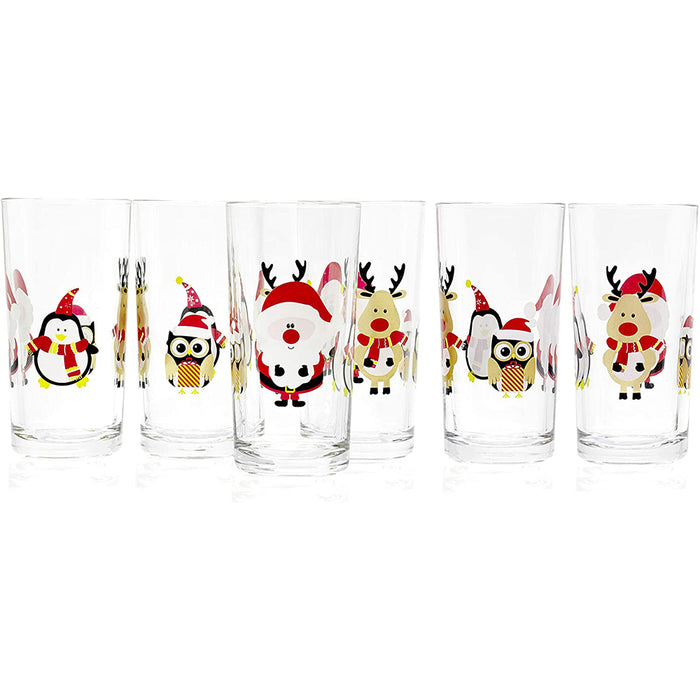 Red Co. Christmas Glass Set of 6, with Reindeer Penguin Owl and Santa Festive Drinking Cups for Holidays 8.45 oz.