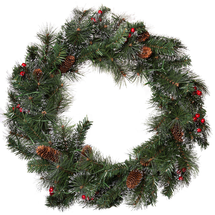 Red Co. 26 Inch Light-Up Christmas Wreath with Pinecones & Pine, Plug-in Operated LED Lights