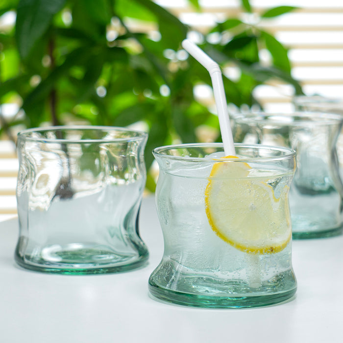 Red Co. Set of 4 Short Wavy Recycled Glass 12 Fl Oz Beverage Drinking Tumblers, Clear/Turquoise Gradient