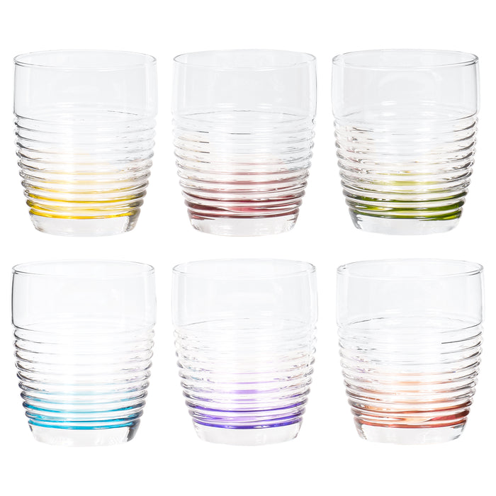 Red Co. Clear Multi Colored Base Ribbed Surface Tumbler Drinking Glass for Water, Juice, Beer, Whiskey, and Cocktails, 10 Ounce - Set of 6