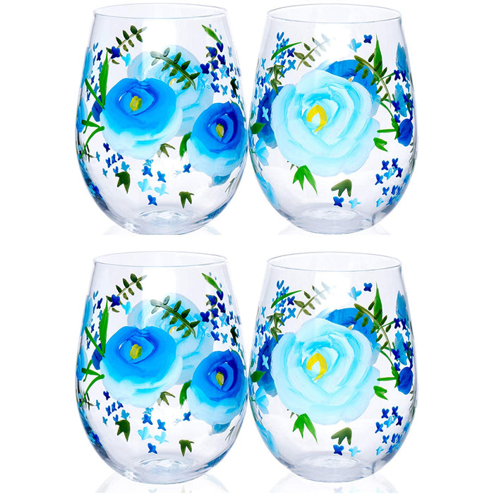 Spring Botanicals Blue Rose Large Stemless Wine Glasses, Set of 4-20 Oz. Each