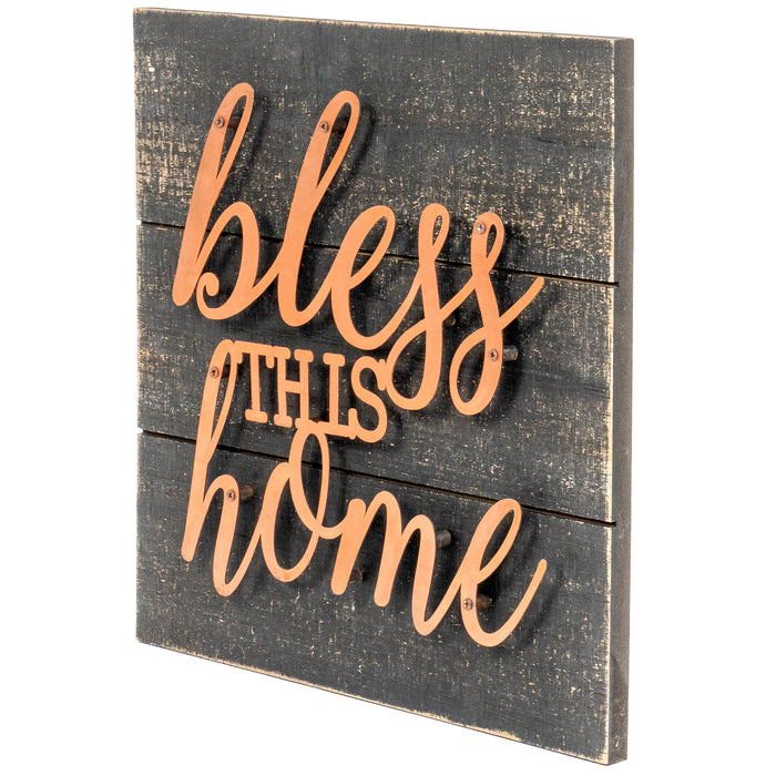 Red Co. Decorative Wall Plaque 14.25" x 14.25" Square Black Wooden Décor Sign with Bronze Letters- Bless This Home