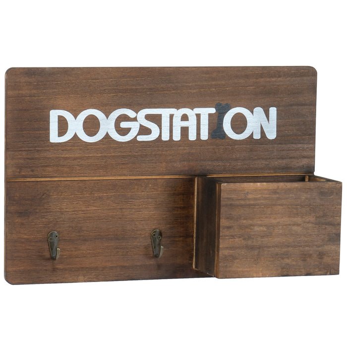 Red Co. 15” x 10” Large Rustic Wood Wall-Mounted Key Holder with 2 Metal Hooks and Box Shelf – Dog Station