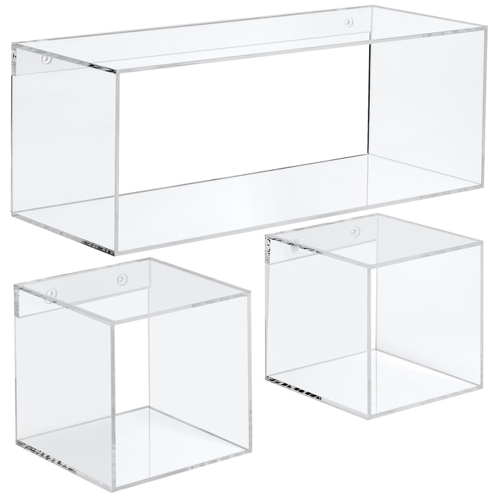 Red Co. Crystal Clear Acrylic Floating Storage 4 Sided Wall Shelves - Bathroom Shelf, Makeup Cosmetics Display Organizer Rack | Set of 3