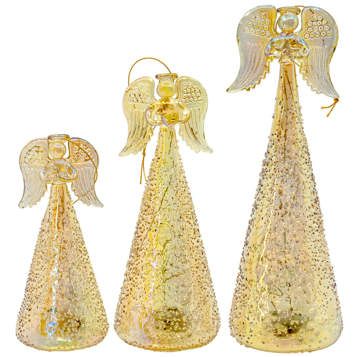 Red Co. Glass Christmas Holy Angel Figurine Ornaments, Iridescent Light-Up Holiday Season Decor, 9.5-inch, 8-inch, 6.5-inch, Set of 3