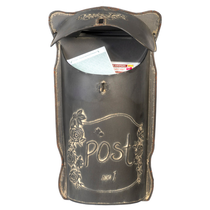 Distressed Black Post Box, Vintage Inspired Shabby Chic Metal Mailbox, Wall Mounted Design, 9 x 17 Inches