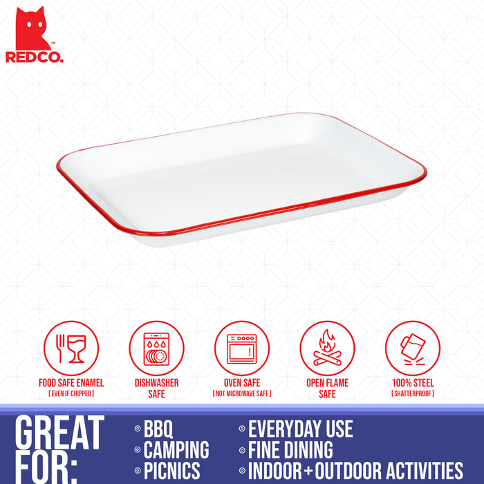 Red Co. 13.5” x 10” Enamelware Metal Classic 1.6-Quart Rectangular Serving Tray, Solid White/Red Rim