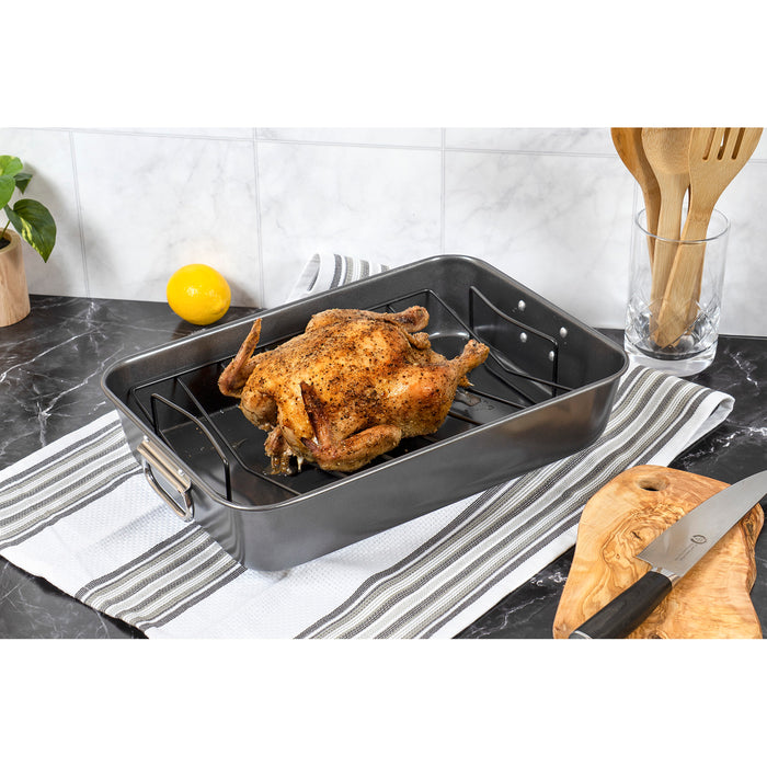 Red Co. Rectangular Black Deep Roasting Pan with Rack 2 Piece Set for Baking, Roasting, Oven, Serving - 15.75" x 11"