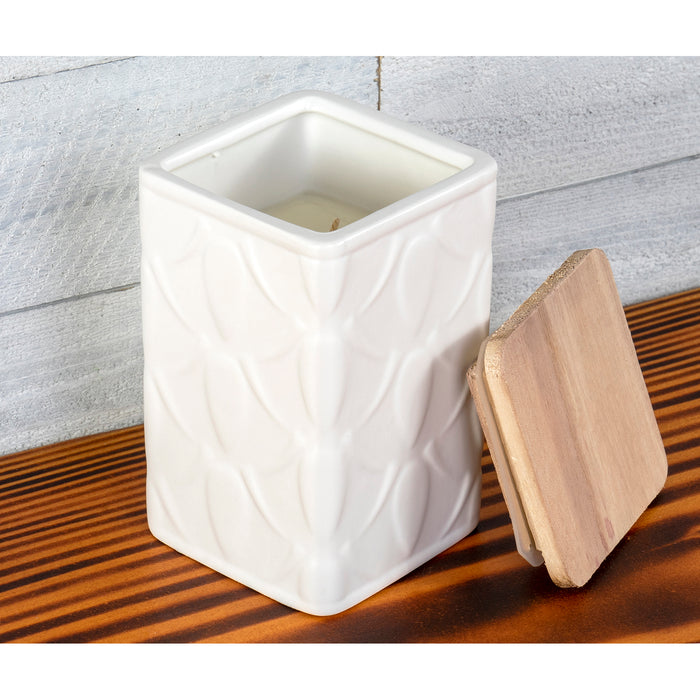 Swan Creek Highly Scented Pillar Candle in Square Ceramic Canister with Lid, White Collection – Assorted Patterns – Vanilla Pound Cake, 13 oz.