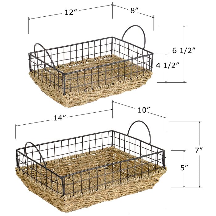 Red Co. Rectangular Multi-Purpose Seagrass Basket with Tall Metal Wire Cage and Handles, Storage Containers, Home Organizers - Set of 2