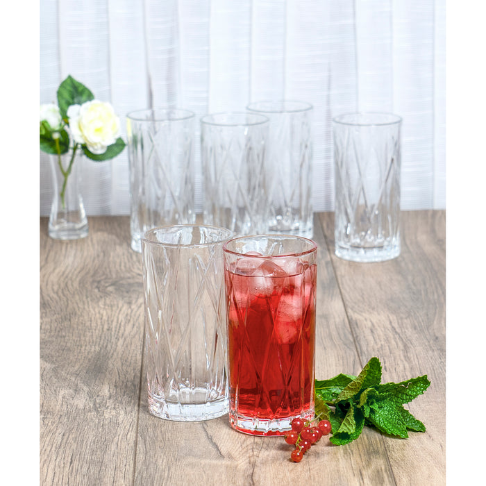 Red Co. Tall Clear Tumbler Glass with X Pattern for Iced Tea Water, Juice, Beer, Whiskey, and Cocktails, 12 Ounce - Set of 6