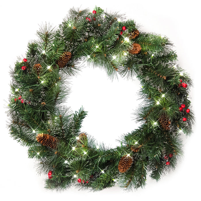 Red Co. 26 Inch Light-Up Christmas Wreath with Pinecones & Pine, Plug-in Operated LED Lights