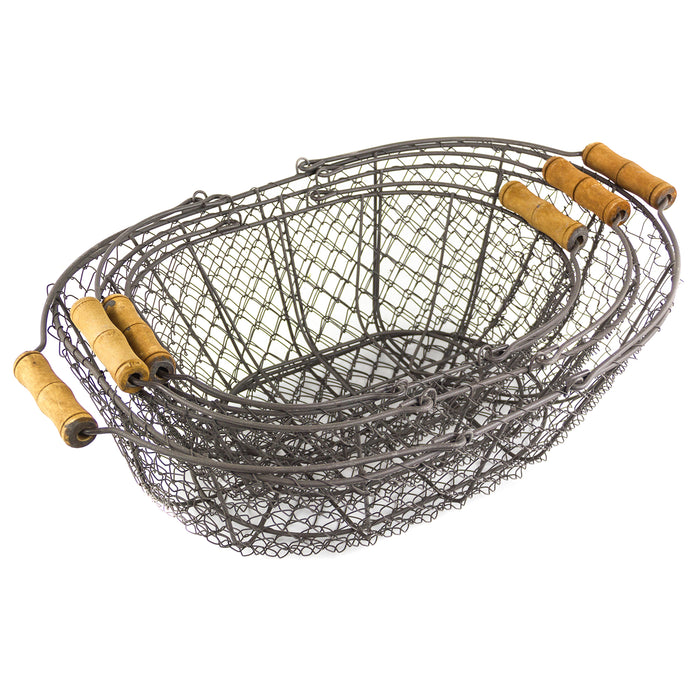 Red Co. All-Purpose Display Basket Bin, Gray Metal Wire with Two Wood Handles, Oval Shape and Stackable, Set of 3, Small- 5 Inches, Medium- 6 Inches and Large- 7 Inches