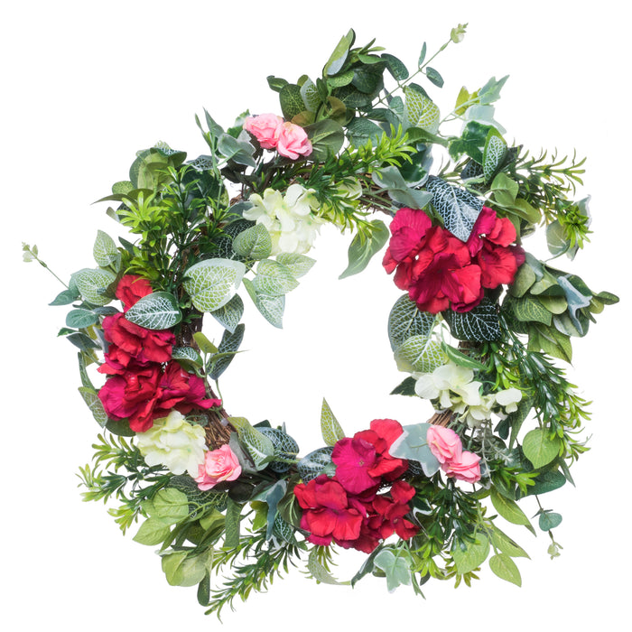 Red Co. 18" Lovely Red Hydrangea with Roses, Artificial Spring & Summer Wreath, Door Backdrop Ornaments, Home Décor Collection