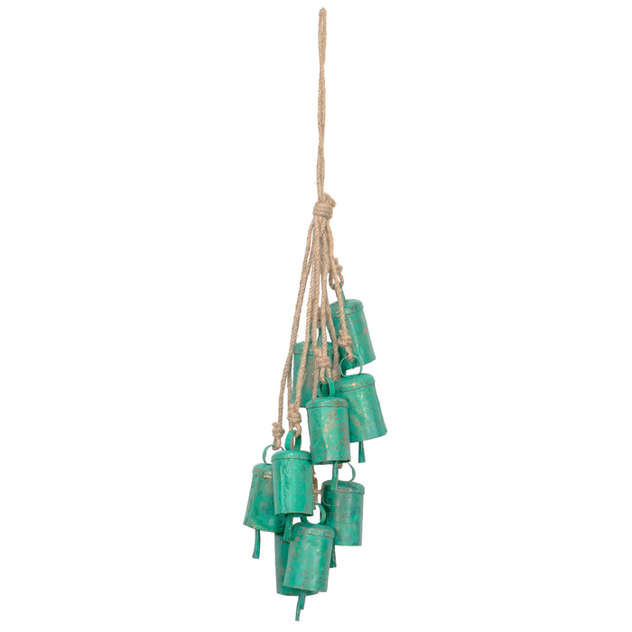 Red Co. 19” Decorative Hanging Bell Cluster Wind Chime in Green Patina Finish with Jute Rope