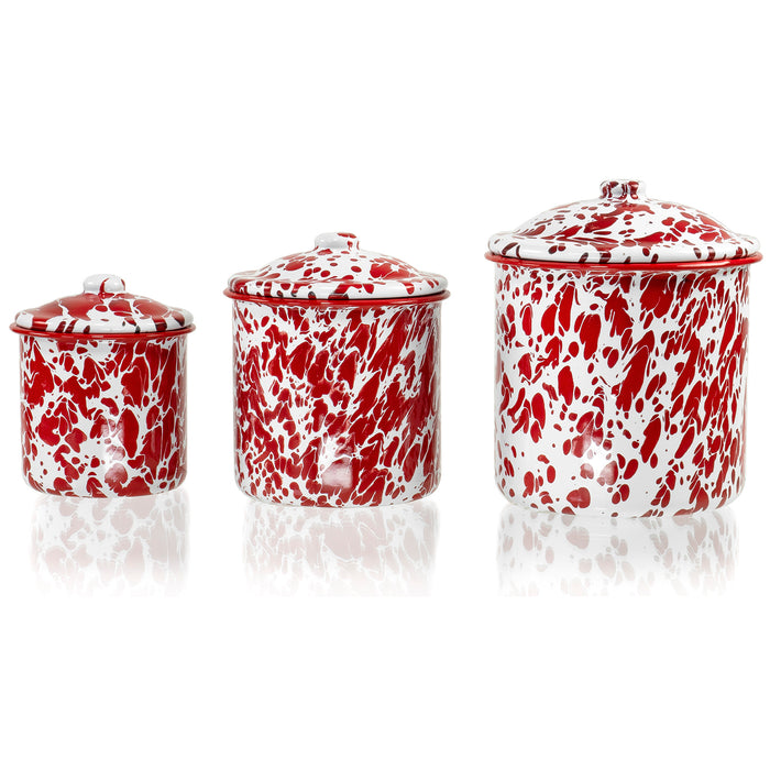 Red Co. Red Splatter Enamelware Mug Pots with Lid - Set of 3 Nesting Cups, Perfect for Picnic, Camping, Outdoor Activity