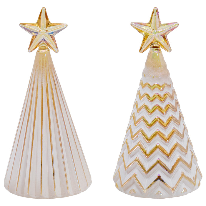 Red Co. Glass Christmas Tree Figurine Ornaments with Gold Star, Light-Up Holiday Season Decor, 5 Inches, Set of 2