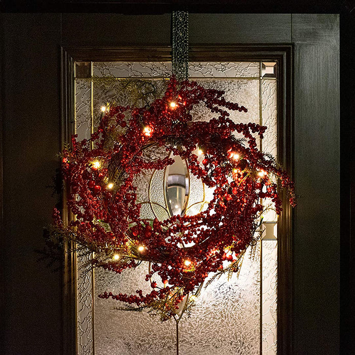 22 Inch Light-Up Christmas Wreath with Red Cranberries, Plug-in Operated LED Lights