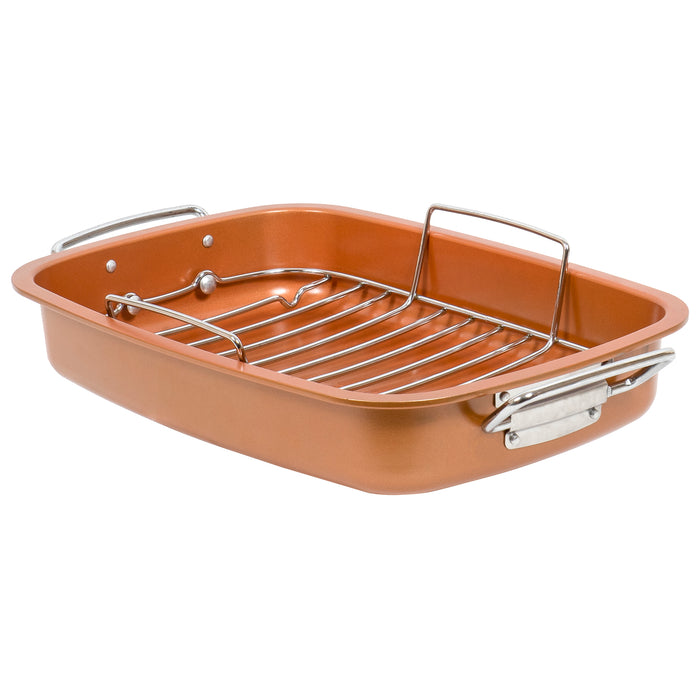 Red Co. Rectangular Copper Non-Stick Roasting Pan with Floating Chrome Rack 2 Piece Set for Baking, Roasting, Oven, Serving - 19.75" x 12.5"