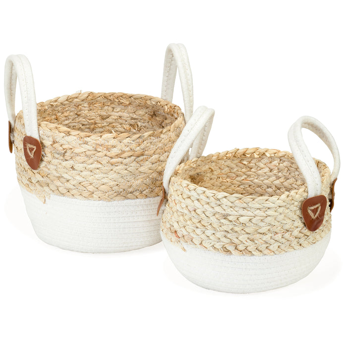 Red Co. Set of 2 Decorative 10” and 9” Round Nesting Seagrass Storage Baskets with Handles, Beige / White