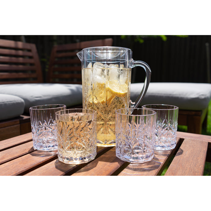 Break Resistant Crystal Clear Plastic Pitcher with Lid and 4 Tumbler Glasses Drinkware Set - Perfect for Iced Tea, Sangria, Lemonade (88 fl oz. pitcher - 14 fl oz. glasses)