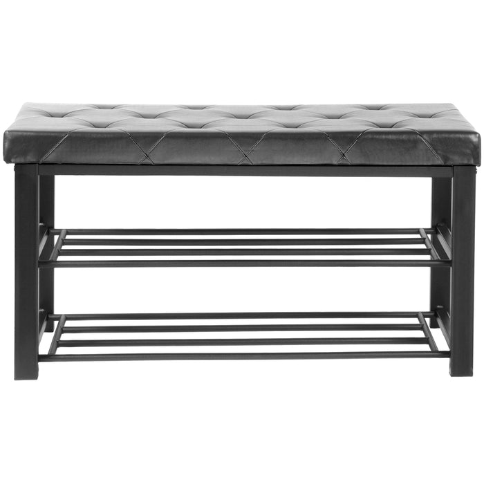 Red Co. Two-Tier Padded Organization and Storage Bench, Shoe Rack with Open Shelves, Charcoal Faux Leather Finish, 31¾" x 12½" x 18"