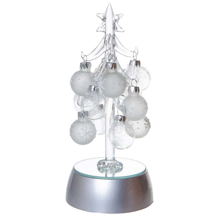 Mini Light Up Glass Christmas Tree, Small Table Top Holiday Season Décor with Removable Sphere Ornaments, Clear & Frosted Snowflake Design, 6 Inches